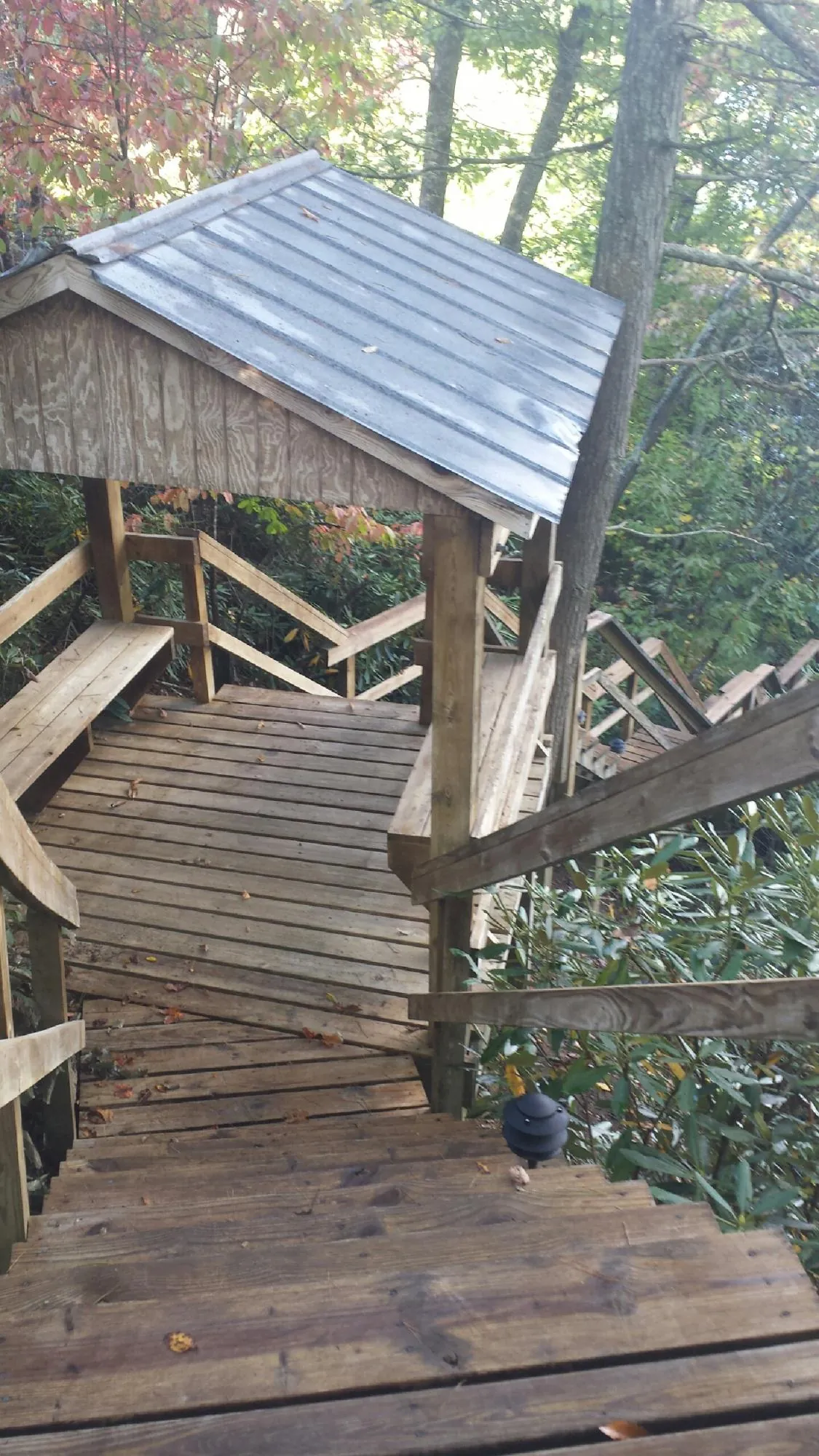 Metal roofed shelter over wooden steps on a wooded walkway — Skylight Repair & Installation work by our crew in Scammon